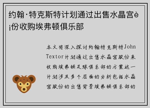约翰·特克斯特计划通过出售水晶宫股份收购埃弗顿俱乐部